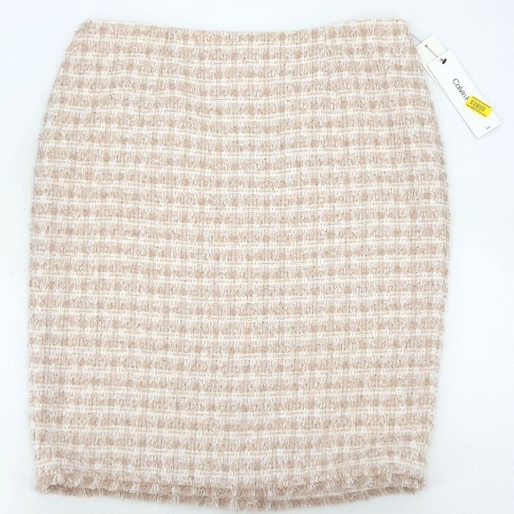Calvin Klein Glen Tweed Pencil Skirt Womens Size 14 Pink White Plaid Academia